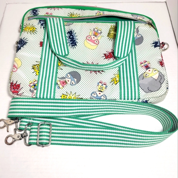 HARAJUKU LOVERS Tech Bag Green Stripe Graphic Superhero Print - Picture 1 of 11